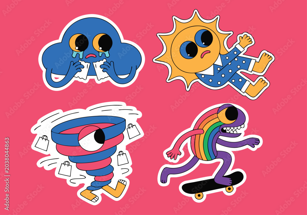 Fototapeta premium Sad cloud sun in pajamas tornado rainbow monster on skateboard with weather elements skateboard