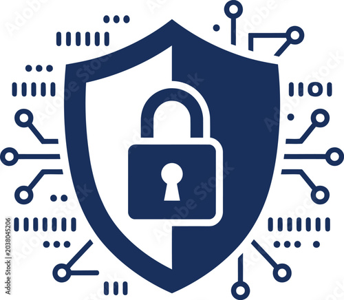 Photos Digital security shield and padlock icon illustrating robust cyber protection, d
