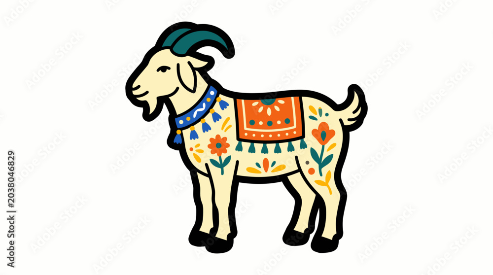 Fototapeta premium Stylized standing goat adorned with colorful traditional patterns and decorative harness elements.
