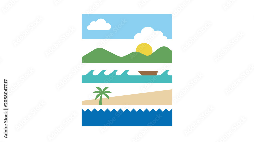 Fototapeta premium Geometric layered illustration of sun, mountains, sea, and beach scenes.