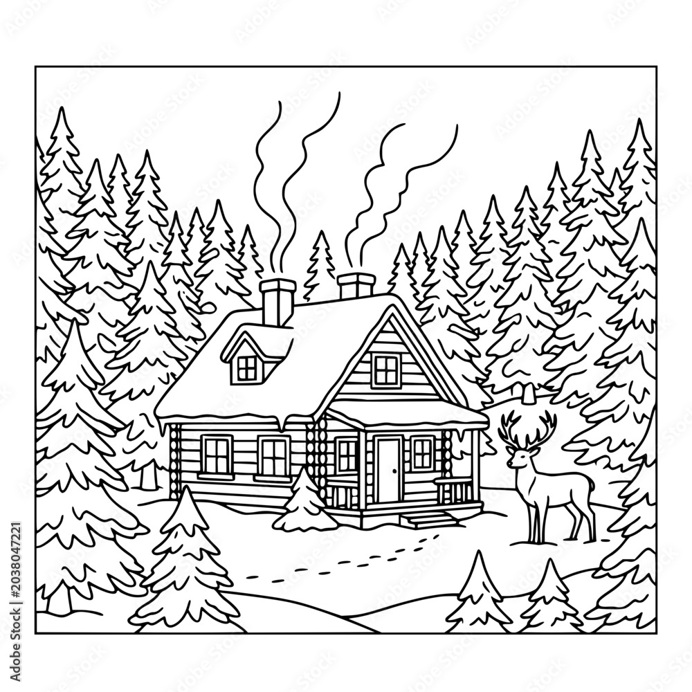 Naklejka premium Cozy Winter Log Cabin in Snowy Pine Forest with Deer Coloring Page
