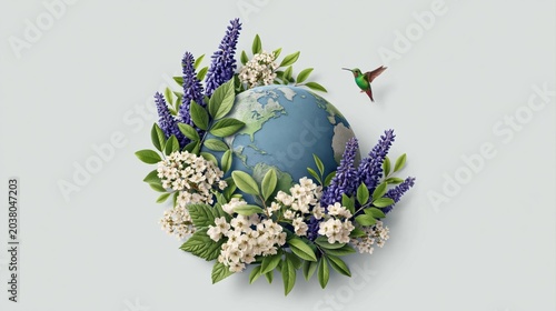 Earth and planet globe blooming with flowers and a hummingbird for environment