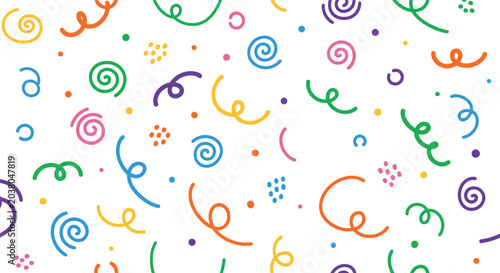 Fotografía Colorful confetti and swirl pattern background featuring scattered spiral lines dots and curly elements in vibrant festive celebration colors for party invitations or digital graphic design assets