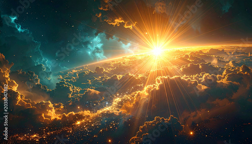 Cosmic Sunrise Over the Horizon: A brilliant sun bursts forth, casting radiant golden and orange rays through a dramatic sky filled with textured clouds and cosmic nebulae.