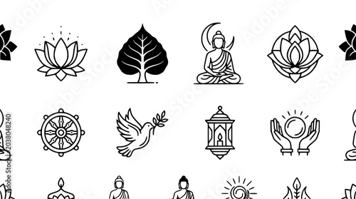 Foto Collection of Buddhist Symbols Icons: Lotus, Buddha, Dharma Wheel, Peace Dove, B