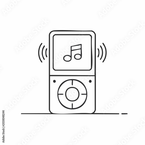 Simple line drawing of a vintage mp3 player radiating sound for minimalist design
