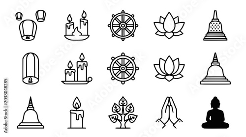 Konstfotografi Buddhist Symbols Icon Set: Lanterns, Candles, Dharma Wheel, Lotus, Stupa, Tree,