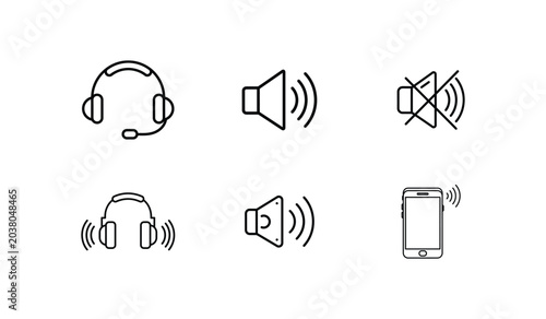 Tableau sur toile Set of six audio and sound icons in line art style