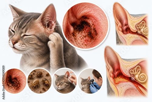 Cat Ear Mites and Otitis Infographic with Veterinary Treatment and Ear Anatomy