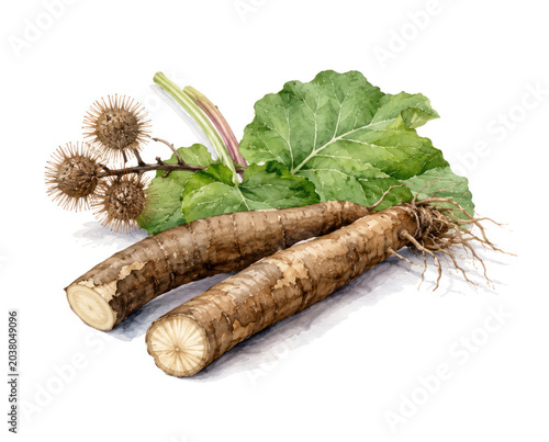 Watercolor Illustration of Burdock Root with Leaves and Seed Burrs Isolated on White