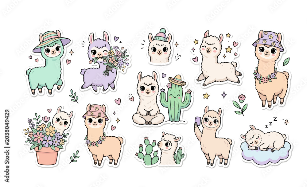 Fototapeta premium Cute Llama Sticker Pack, Adorable Kawaii Llamas Wearing Tiny Hats, Holding Flowers, and Drinking Boba Tea, Playful Pastel Hand-Drawn Doodle Style