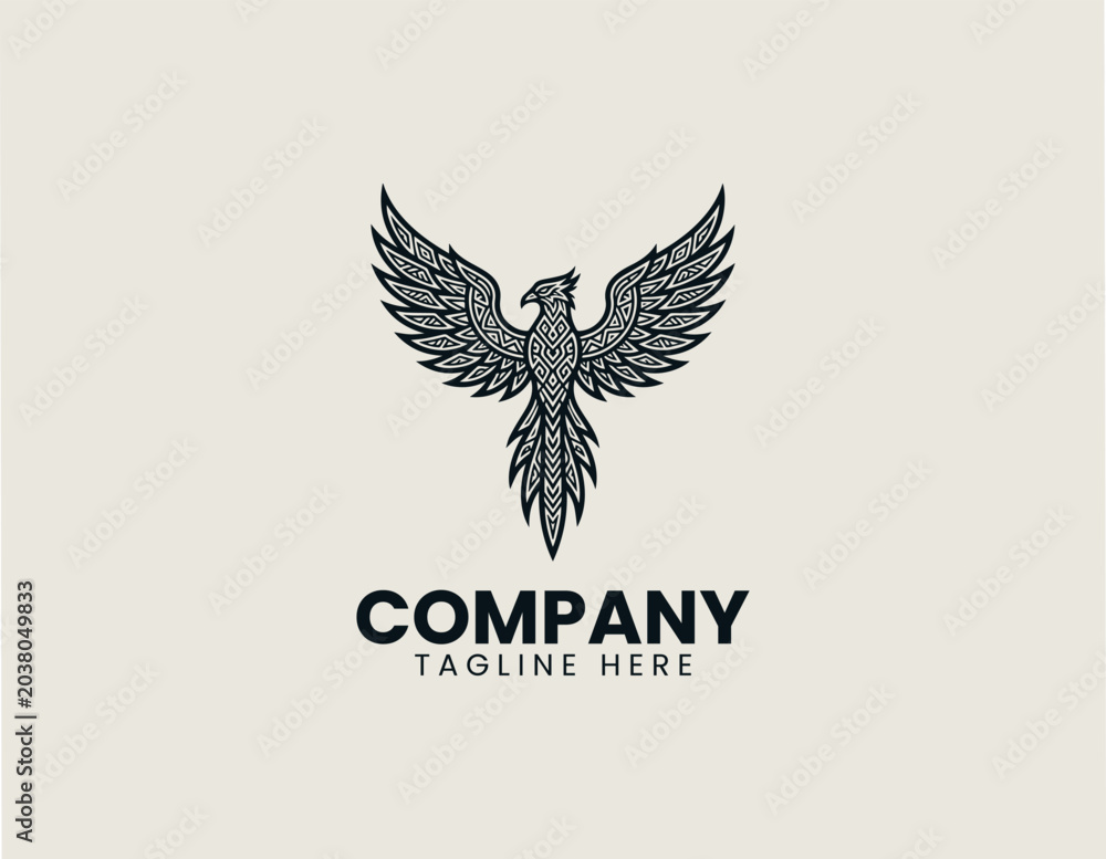 Fototapeta premium Phoenix Tribal Symmetrical Wings Minimalist Black Vector Logo Mythical Rebirth Design