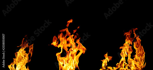 Принти на полотні Realistic blazing fire flames isolated on black background, featuring bright orange and yellow burning textures