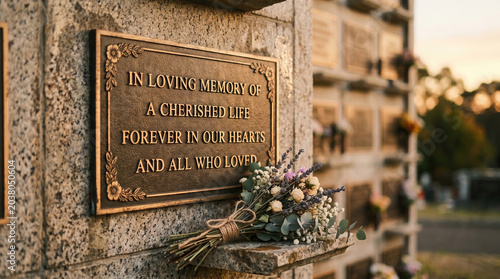 Engraved memorial plaque with loving inscription and flower bouquet at peaceful cemetery. concept of remembrance, honoring loved ones, cemetery decor., columbarium