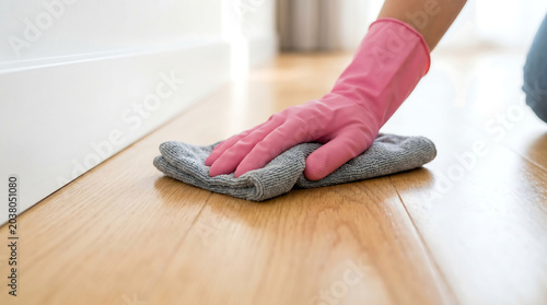 A person wearing pink gloves cleaning a wooden floor with a gray cloth