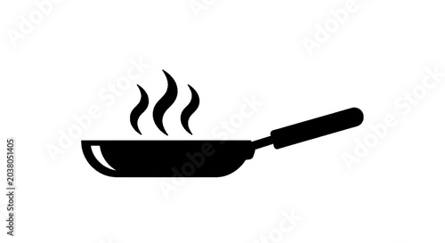 Minimal black silhouette icon, simple flat vector, bold black shape, no, no shading frying pan icon with steam rising, vector illustration of a hot skillet on a, flat icon style