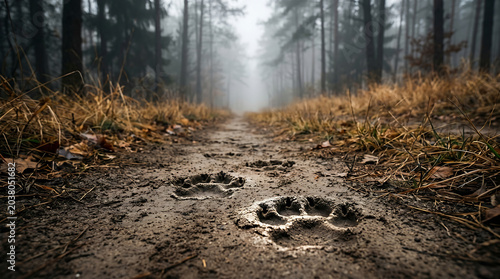 A serene forest path with animal footprints in the mud on a foggy day
