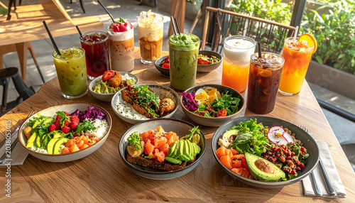 Vibrant Smoothie Bowls and Refreshing Drinks: A delightful spread of colorful smoothie bowls, avocado toast, and a variety of fresh, fruity beverages arranged on a wooden table.