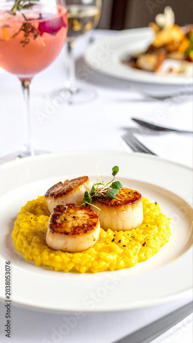 Seared Scallops on Saffron Risotto: Exquisite seared scallops rest atop a bed of creamy saffron risotto, accompanied by a refreshing pink cocktail and another elegantly plated dish.