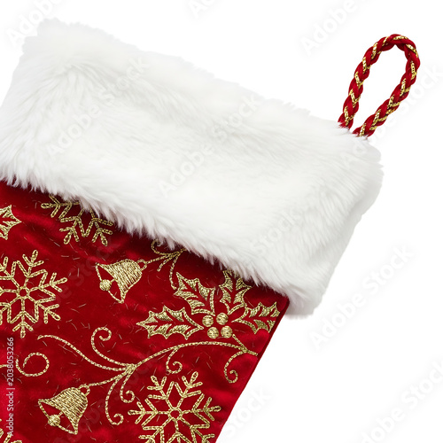Red Velvet Christmas Stocking with Gold Embroidery and White Faux Fur Trim