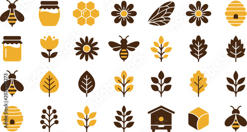 Tableau sur toile Collection of charming vector graphic illustrations featuring bees, honey jars, flowers, leaves, and beehives
