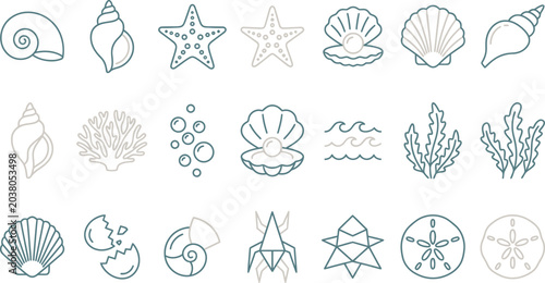 Foto A collection of diverse ocean life and sea shell graphic illustrations in a modern minimalist vector design