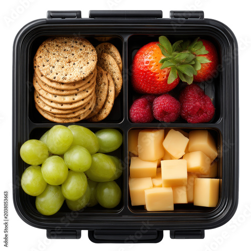Black snack box filled with cheese cubes crackers and fresh berries in a top view isolated composition for healthy meal planning and convenient on the go dining lifestyle