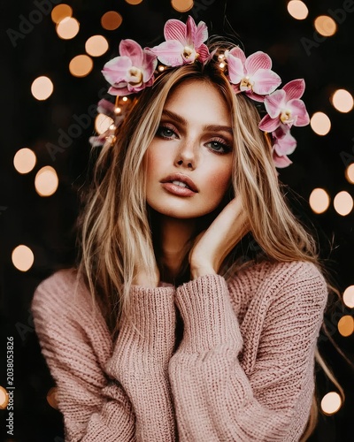 Warm Tan Woman with Orchid Crown Amidst Bokeh Lights in Cozy Sweater