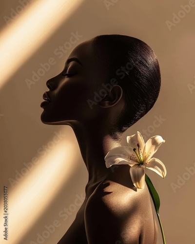 Beautiful Black Woman with Smooth Brown Skin and Flower in Elegant Profile Pose