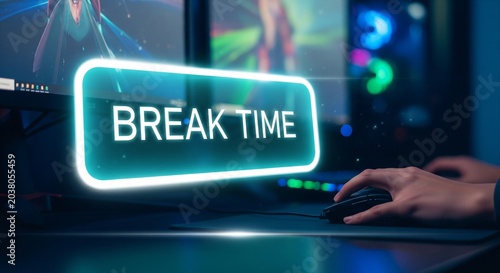 Person taking a break at desk with glowing break time notification on digital screen