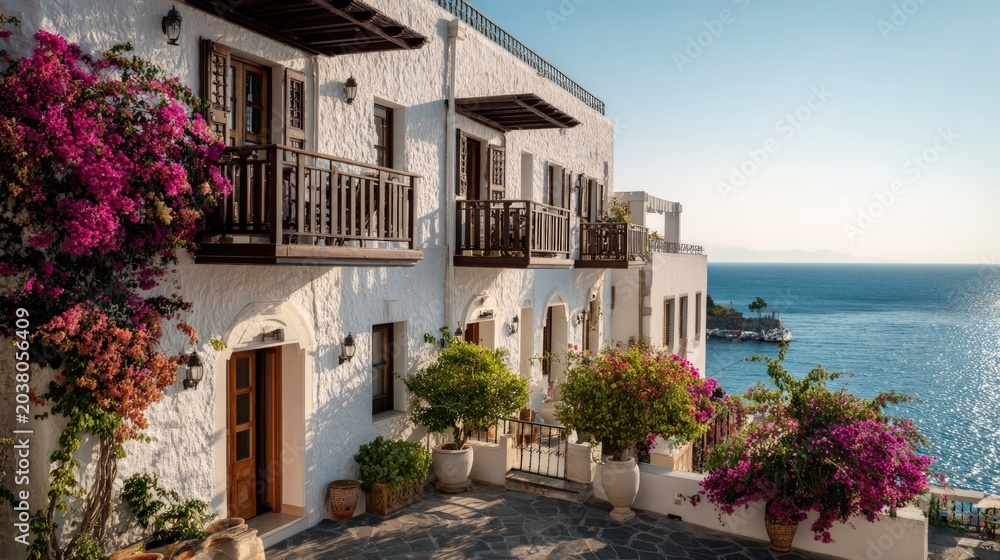 Fototapeta premium Greek coastal architecture with bougainvillea
