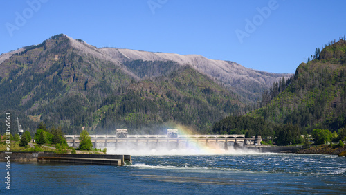 Wildfire scar of Eagle Greek Fire above the Bonneville Dam in the Columbia River Gorge
