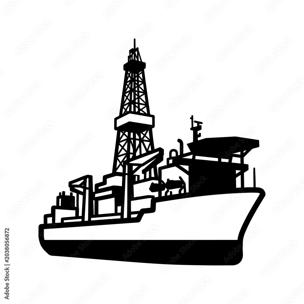 Obraz premium Offshore Drillship Black and White Silhouette Vector Icon Isolated on White Background