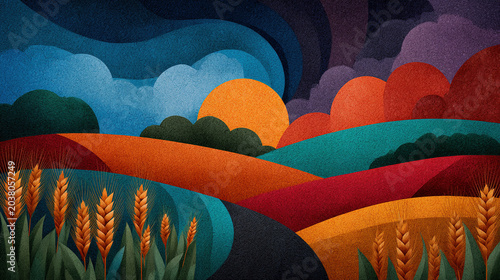 Abstract representation of genetically modified seeds bursting forth into a vibrant, futuristic landscape, with swirling colors and geometric shapes