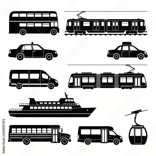 Collection of various black and white transportation icons including buses, trams, taxis, and a ferry.