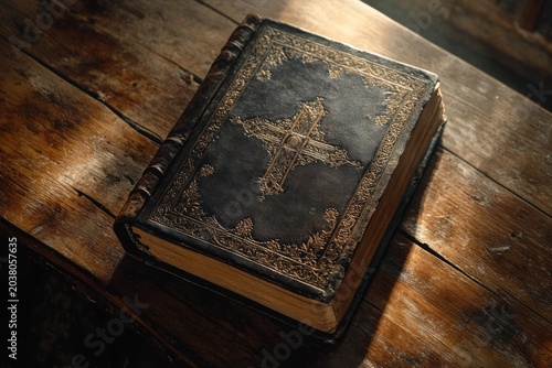 Antique book on wooden table, sunlight, historical, religious, possible use for historical background, religious education