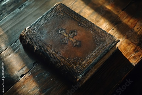 Antique leather-bound book on wooden table, religious text, sunlight. Possible use Religion, history, spirituality stock photography