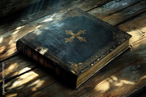 Antique book on wooden table with sunlight, religious imagery, for historical background use