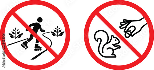 Bild auf Leinwand Outdoor recreational rules set: No roller blades and no feeding a squirrel