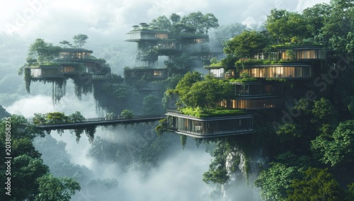 Floating eco-homes nestled in a misty mountain valley. Potential stock use showcasing sustainable living