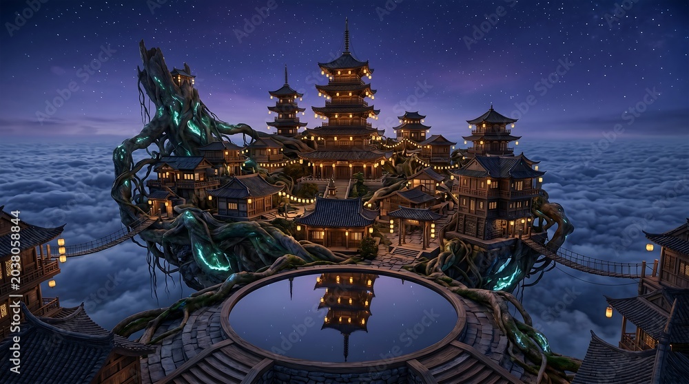 Obraz premium Fantasy Asian temple on floating island above sea of clouds