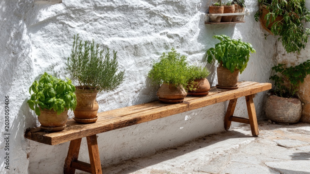 Fototapeta premium Herb garden on rustic wooden bench