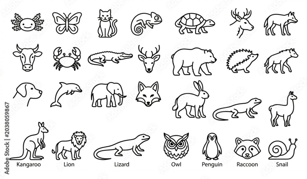 Obraz premium Modern rounded animal line icons set pets farm and reptile monoline vector pack