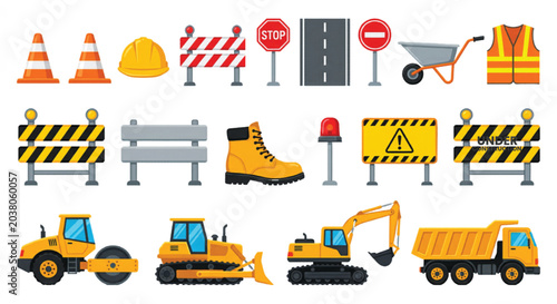 Construction equipment and road work icons set, industrial heavy machinery vector collection, building site safety tools and yellow vehicle illustrations
