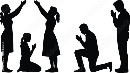 Valokuva Group of people silhouettes praying and worshipping in different poses standing