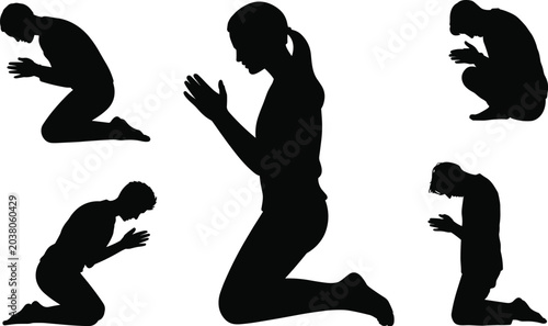 Tableau sur toile Set of Silhouettes Showing People Kneeling and Praying in Worship and Devotion P