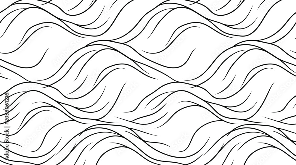 Fototapeta premium Abstract flowing black line wave pattern on white background.