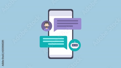 Chat bot on smartphone, A person writing prompt to robot ai to generate information via phone app 2d Animation with Alpha Matte