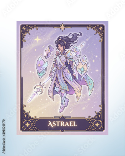 Astrael Celestial Warrior Woman with Star Armor Glowing Sword and Cosmic Shield Inside Ornate Gold Border Frame — Fantasy RPG Trading Card Illustration,