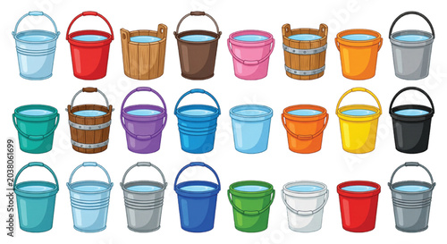 Canvastavla Colorful bucket collection with 23 vector icons, plastic and wooden pails filled